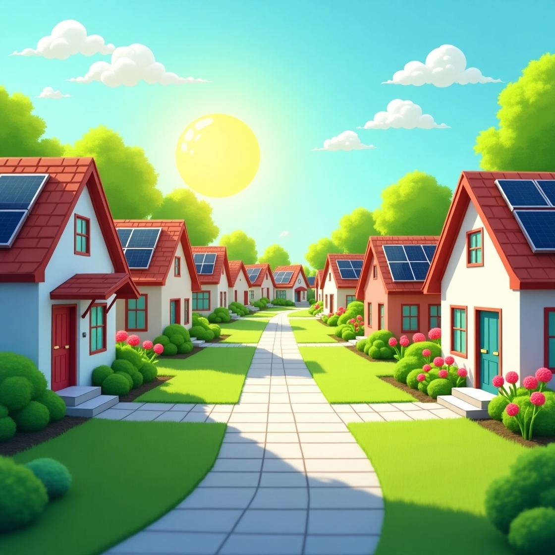 Flux_Dev_A_vibrant_sunny_day_unfolds_in_a_quaint_suburban_neig_0
